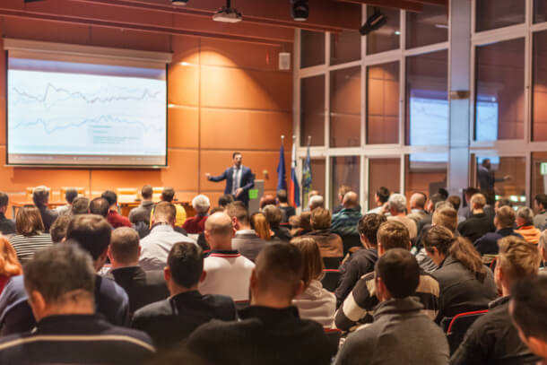 International business meeting with a presentation on a screen