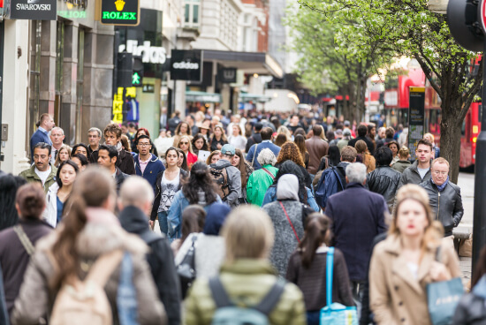 Crowded urban street scene.