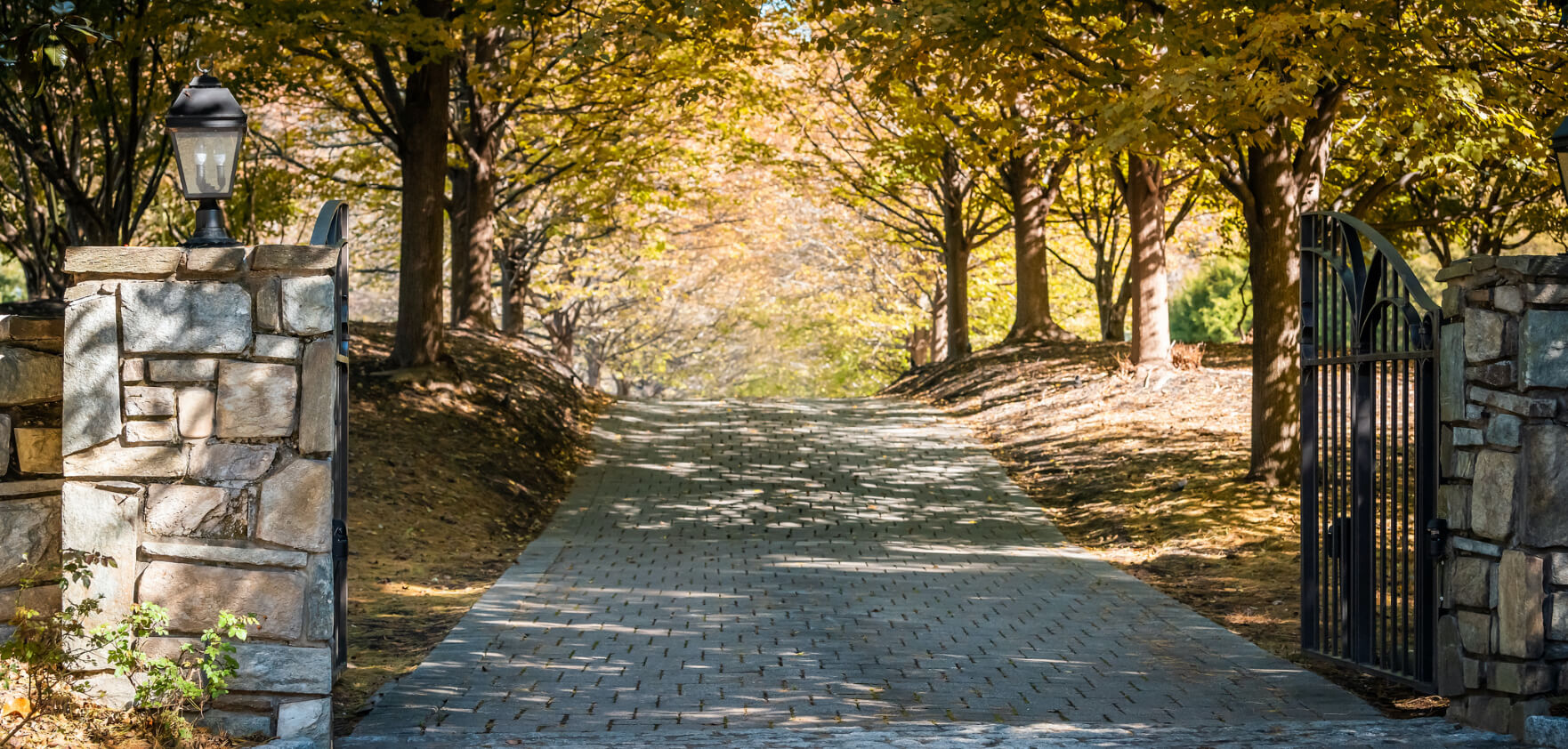 residential-estate-security-protection-hero Entry to a private estate with a wood lined driveway.