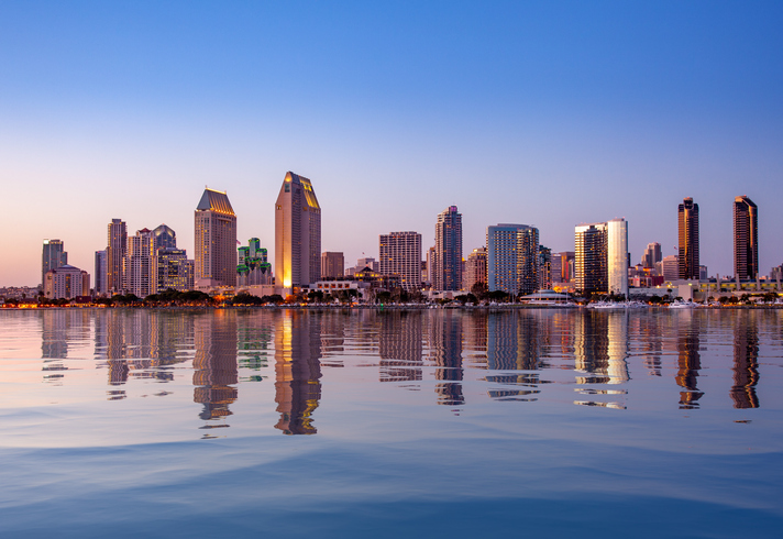 San Diego Skyline at sunset from Coronado Security services San Diego CA